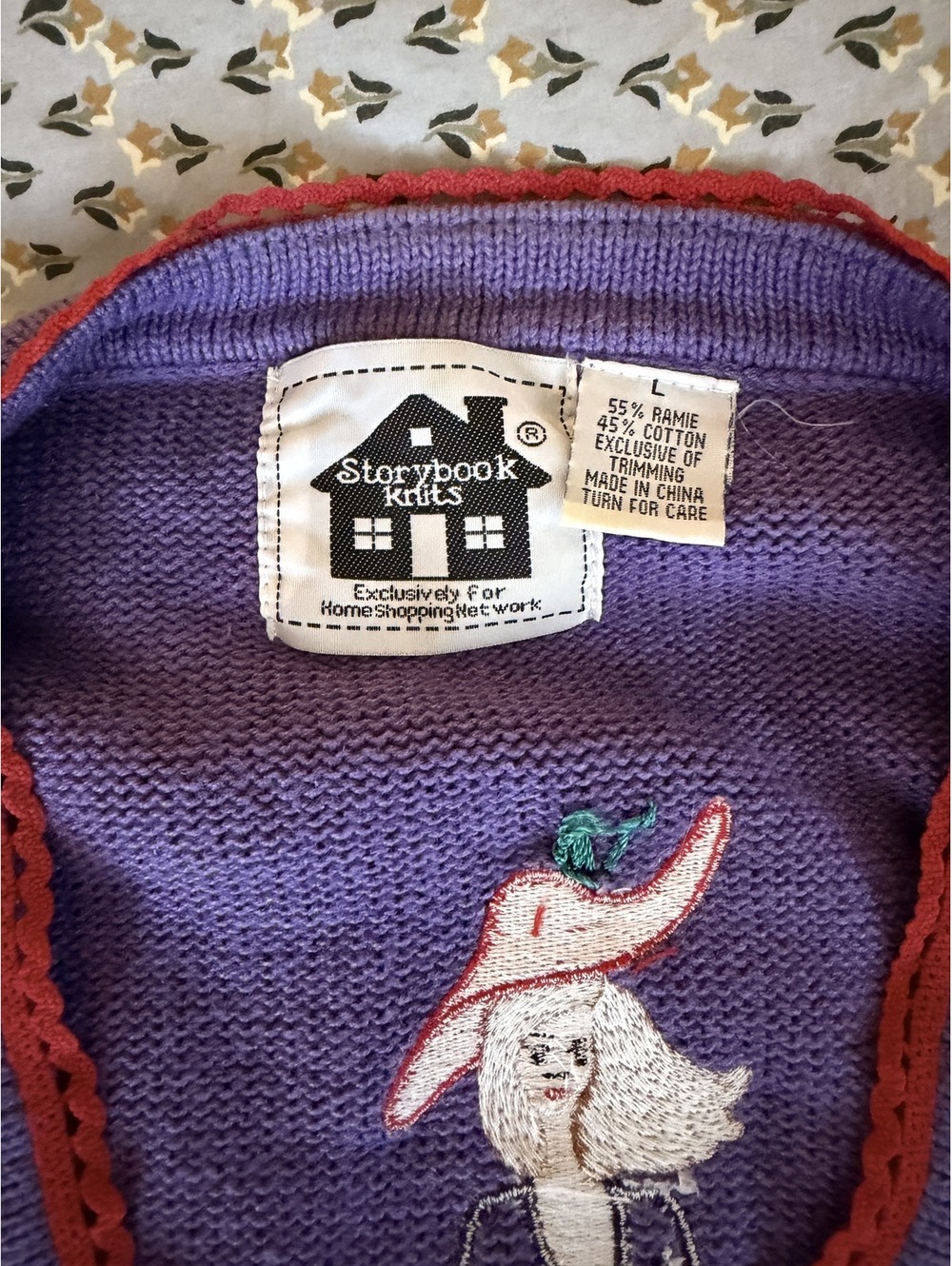 Storybook Knits Purple Cardigan Sweater with Embroidered Hats and Lady Motif, Sz - Picture 3 of 4